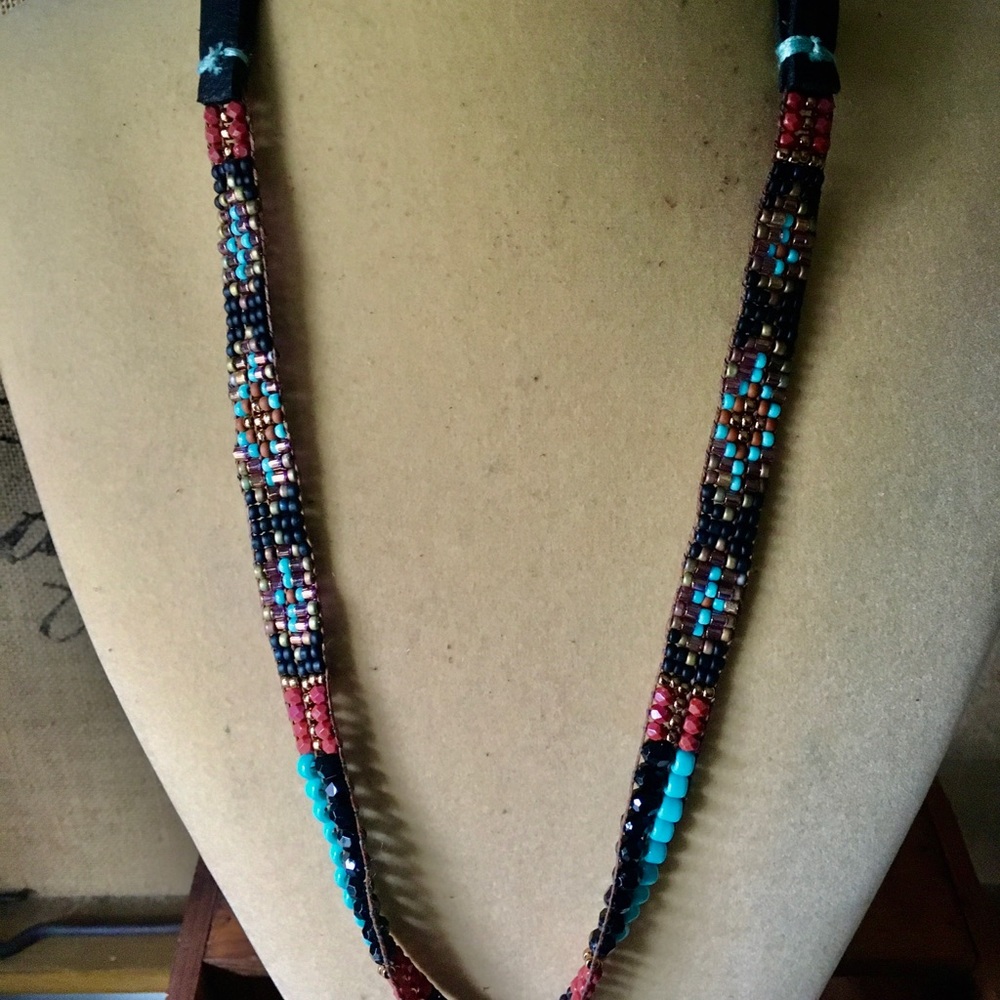 Sundance inspired beaded long necklace in boho pattern.